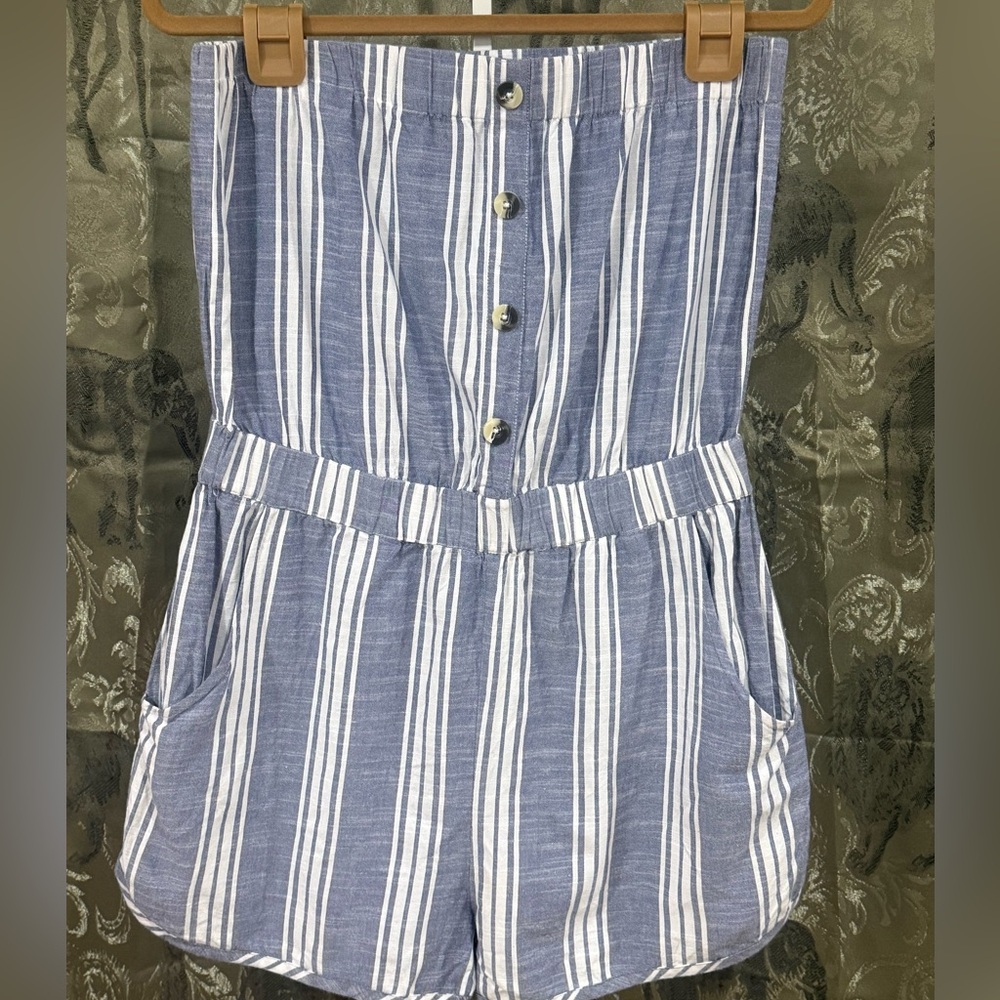 Derek Heart Blue and White Vertical Stripe Strapless Romper Shorts
